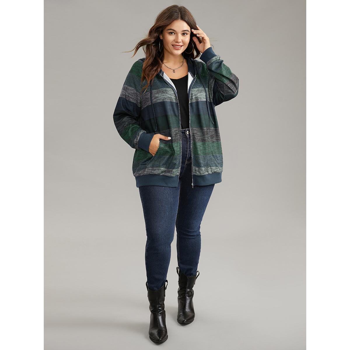 Plus Size Heather Colorblock Contrast Pocket Hooded Sweatshirt Women Green Casual Rib Knit Hooded Everyday Sweatshirts BloomChic 10/M Product Image