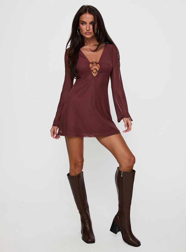 Artique Long Sleeve Mini Dress Brown Product Image