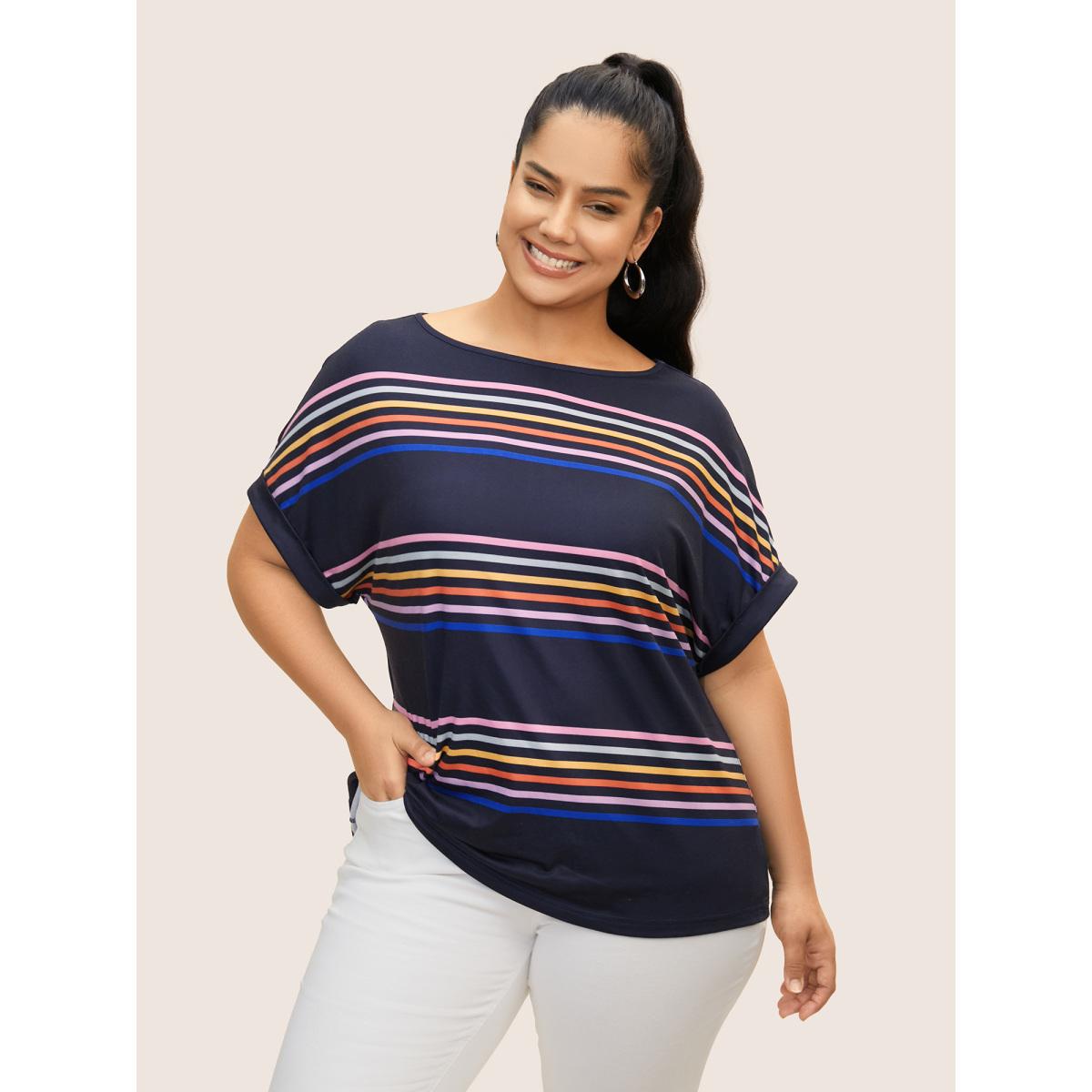 Plus Size Colored Striped Boat Neck Batwing Sleeve T-shirt Indigo Women Casual Contrast Boat Neck Everyday T-shirts BloomChic 28/5X Product Image