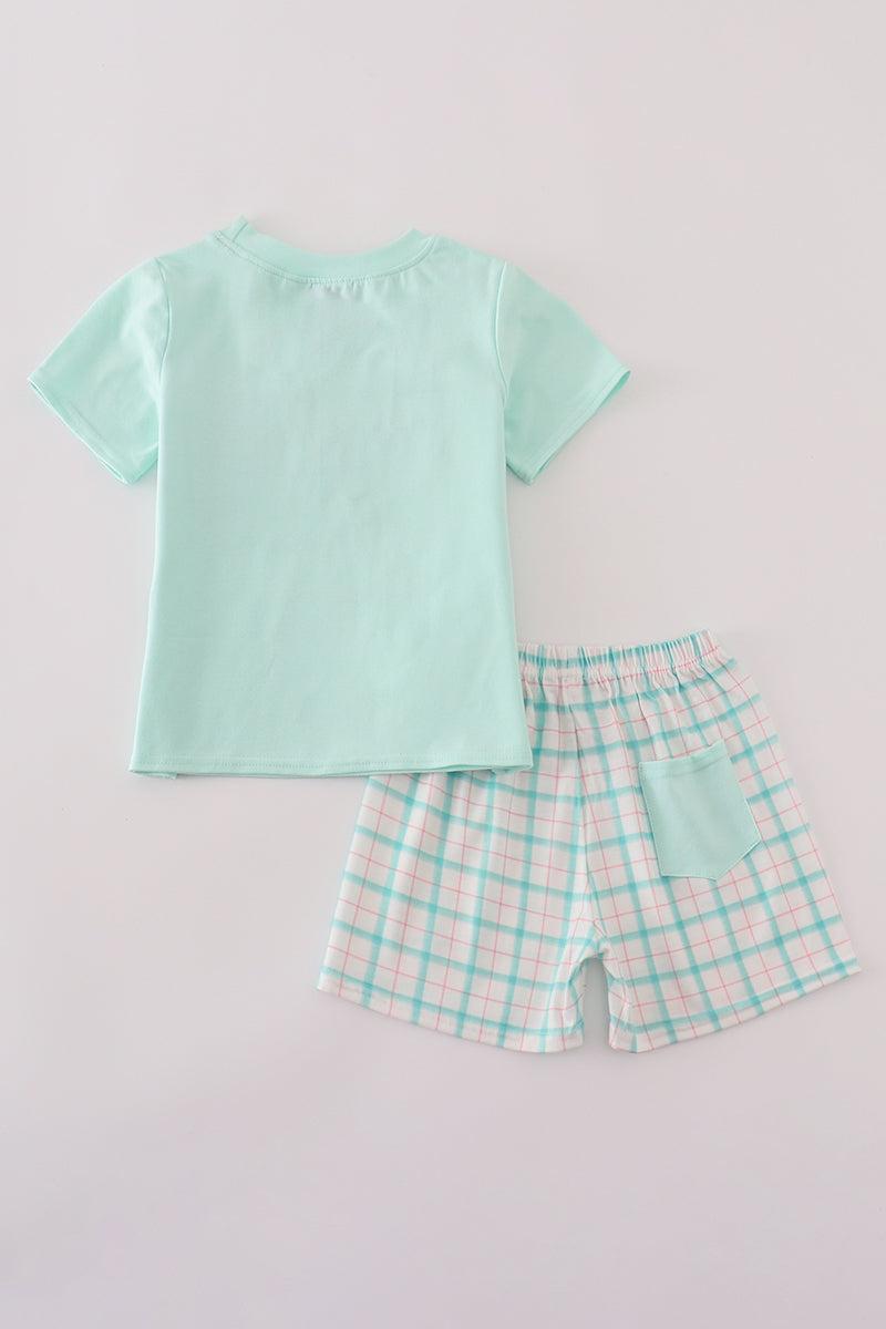 Green marine embroidery smocked shorts set Product Image
