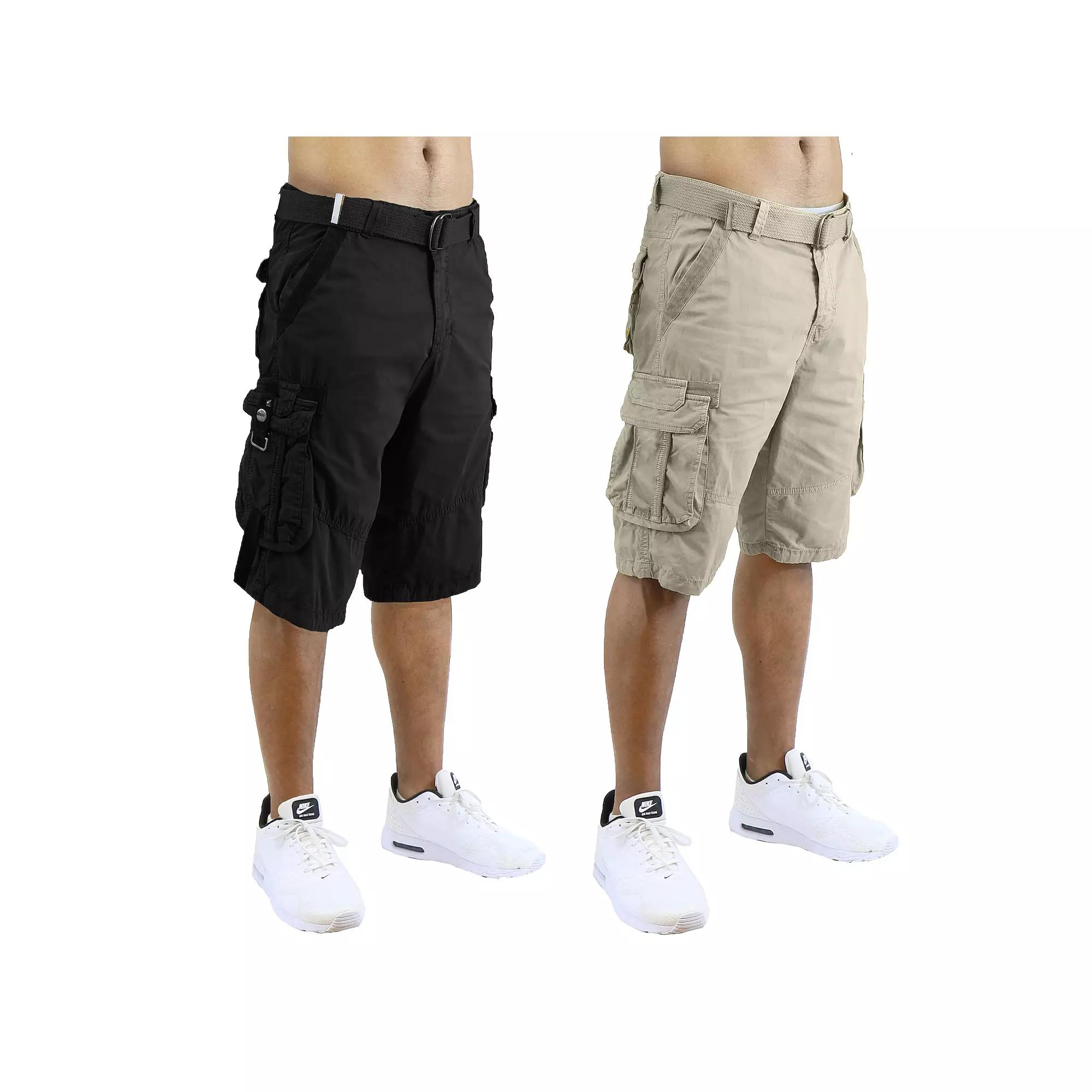 Men's Blu Rock 13.5" Distressed Cotton Cargo Shorts with Belt 2-Pack, Size: 34, Black Khaki Product Image