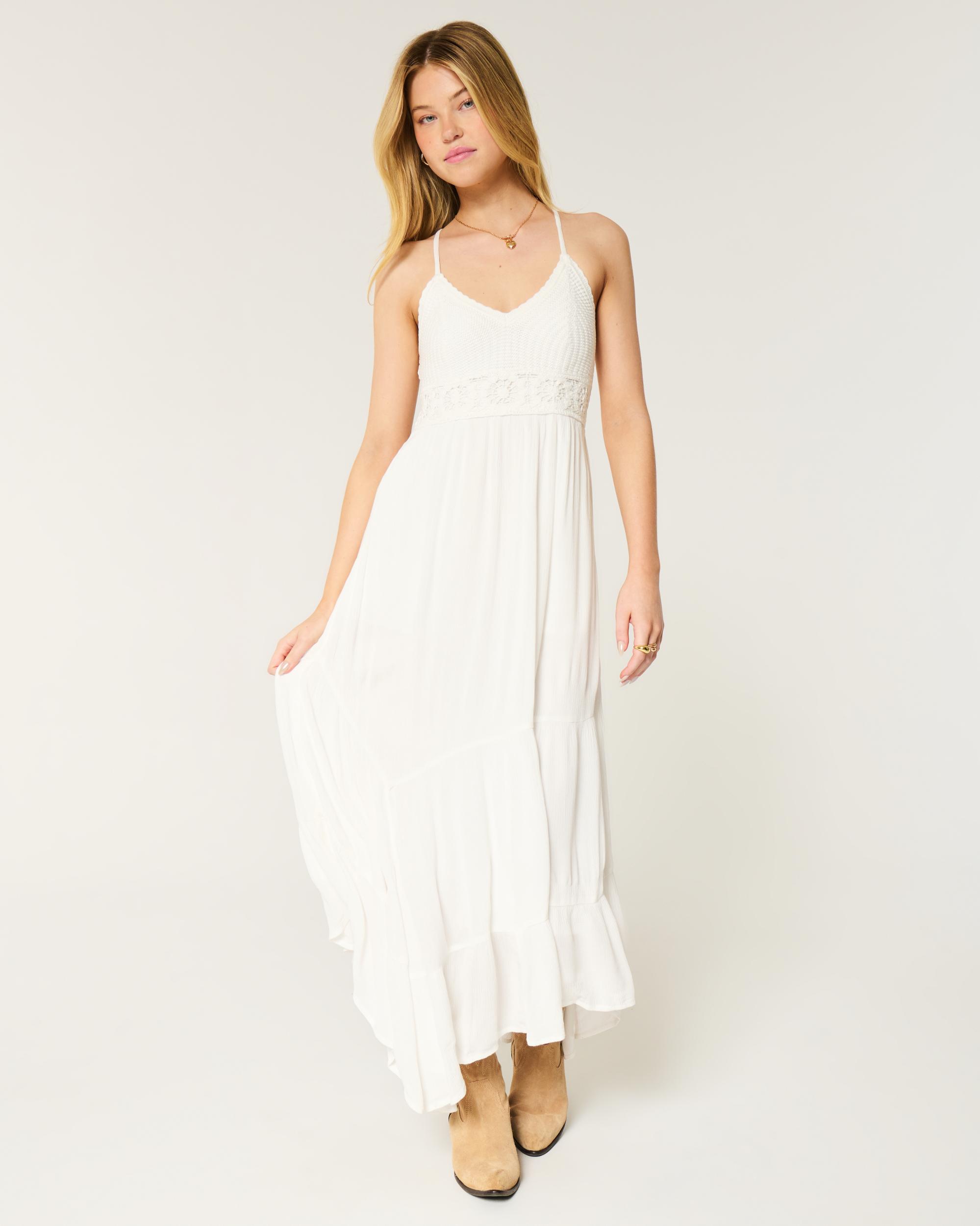 Mixed Fabric Crochet-Style Maxi Dress Product Image