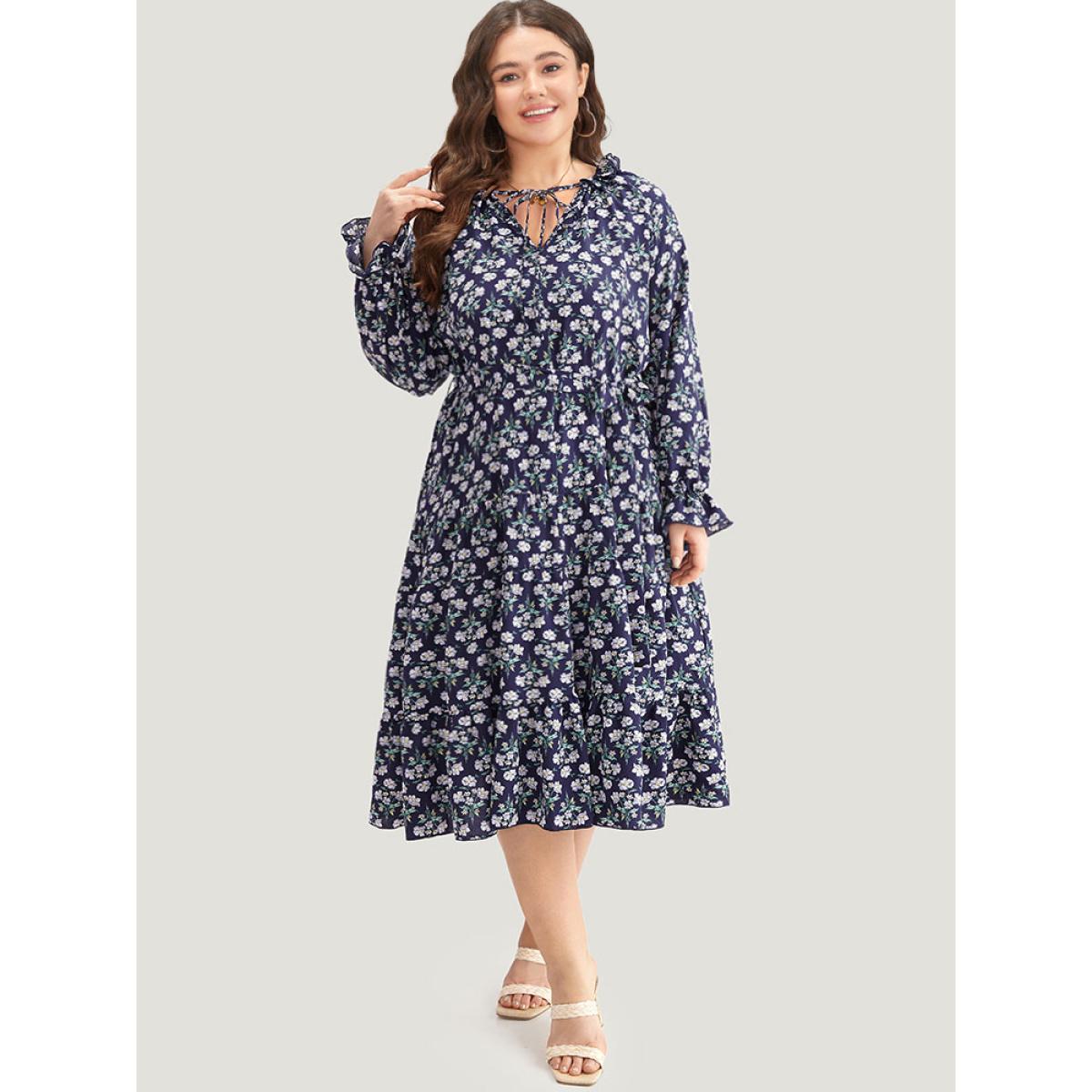 Plus Size Ditsy Floral Pocket Tie Neck Frill Trim Dress Indigo Women Vacation Cross straps Tie Neck Long Sleeve Curvy Midi Dress BloomChic 10/M Product Image