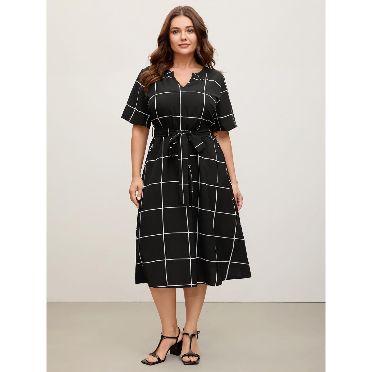 Plus Size Checkered Print Belted Pockets Midi Dress Black Women Office Belted Flat collar with V-notch Short sleeve Curvy BloomChic 14-16/1X Product Image