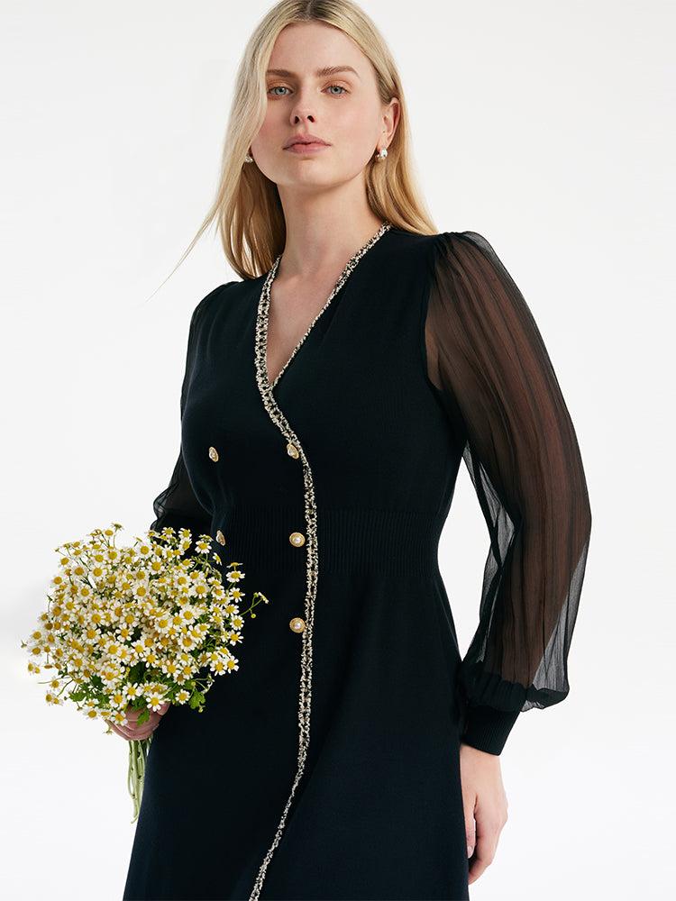 Tulle Sleeve V-Neck Double-Breasted Mini Dress Product Image