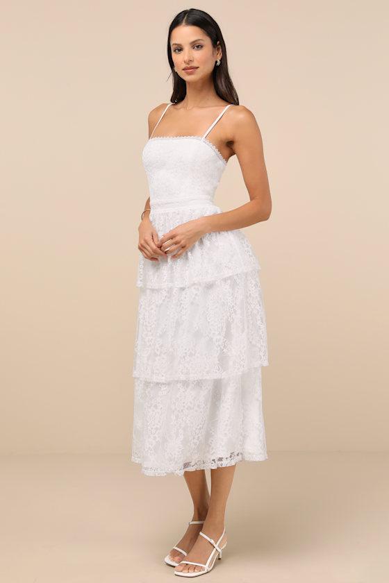 Estrid White Lace Tiered Midi Dress Product Image