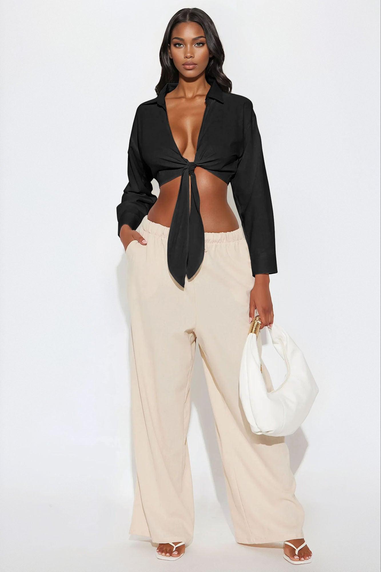 Alia Linen Tie Front Cropped Top - Black Female Product Image