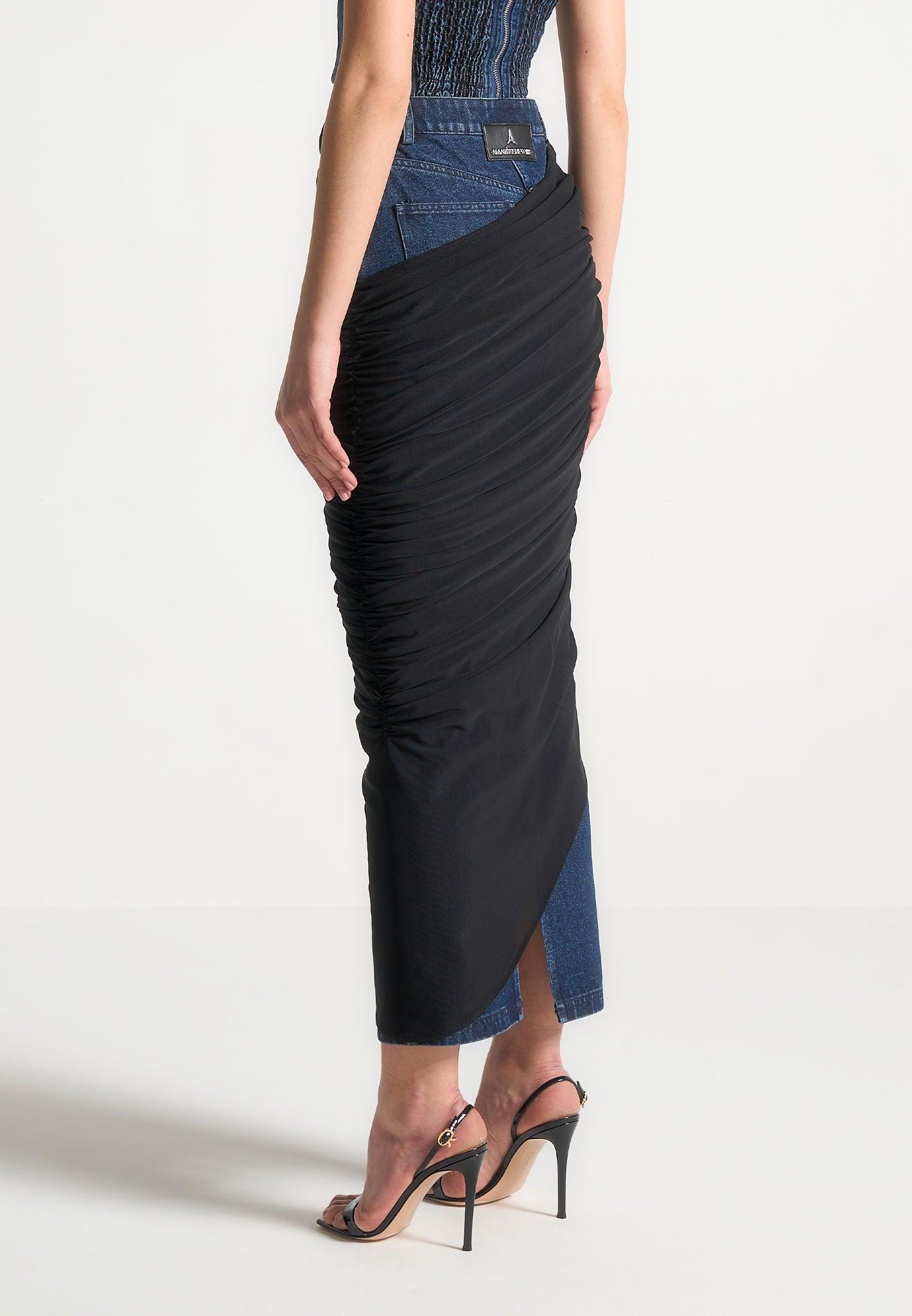 Draped Mesh Denim Maxi Skirt - Indigo Female Product Image