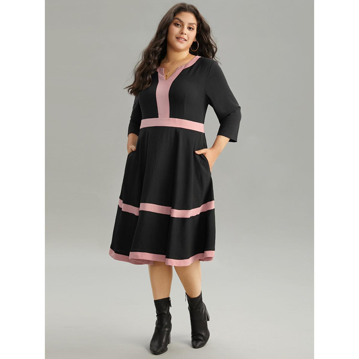 Plus Size Colorblock Contrast Notched Elastic Waist Dress Black Women Casual Contrast Notched collar Elbow-length sleeve Curvy Midi Dress BloomChic 10/M Product Image
