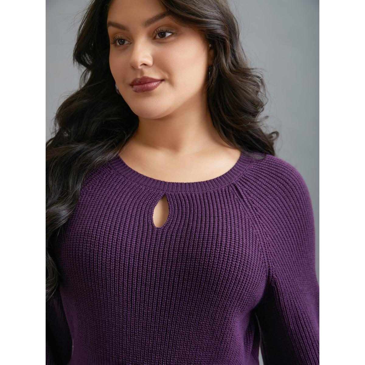 Plus Size Plain Textured Keyhole Raglan Sleeve Pullover Deeppurple Women Timeless Bodycon Long Sleeve Round Neck Elegant Pullovers BloomChic 30/6X Product Image