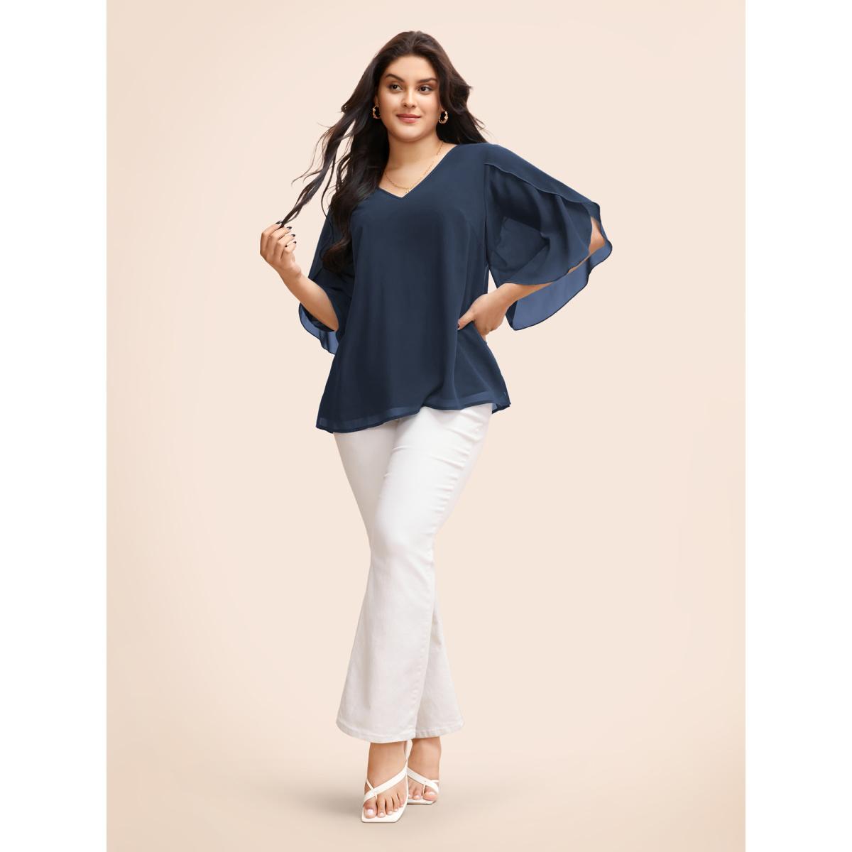 Plus Size Indigo Chiffon Gathered Petal Sleeve Blouse Women Elegant Elbow-length sleeve V-neck Everyday Blouses BloomChic 28/5X Product Image
