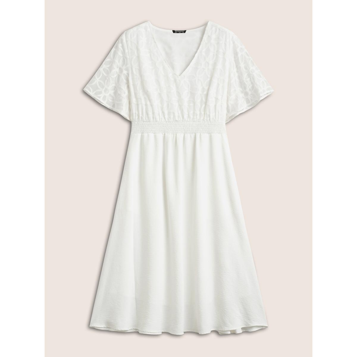 Plus Size Graphic Plisse Shirred Patchwork Flutter Sleeve Dress White Women Elegant Non V-neck Short sleeve Curvy Midi Dress BloomChic 30/6X Product Image