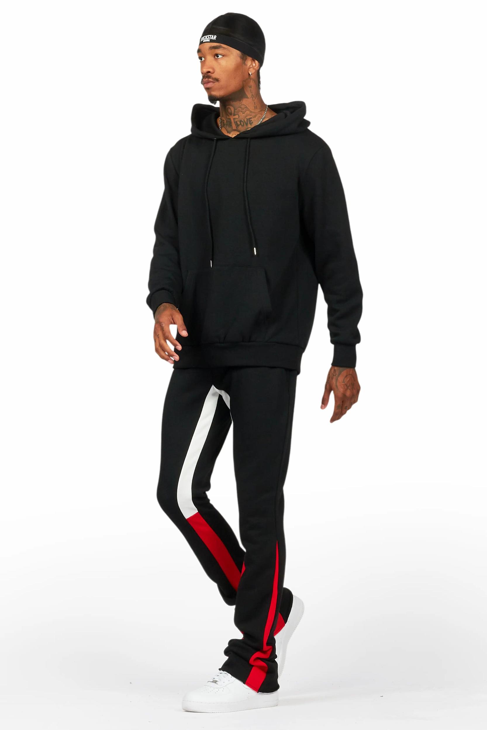 Basic Black/Red Hoodie/Stacked Flare Track Set Male Product Image
