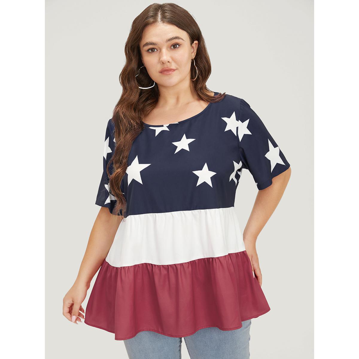 Plus Size Multicolor Star Patchwork Contrast Layered Hem Blouse Women Elegant Short sleeve Round Neck Everyday Blouses BloomChic 12/L Product Image