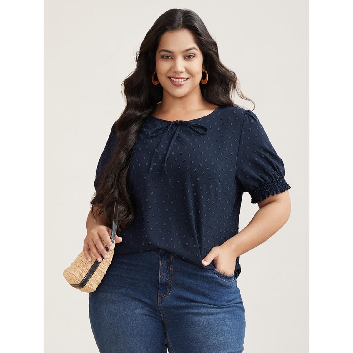Plus Size Indigo Shirred Puff Sleeve Neck-Tie Shirt Women Office Short sleeve Round Neck Vacation Blouses BloomChic 14-16/1X Product Image