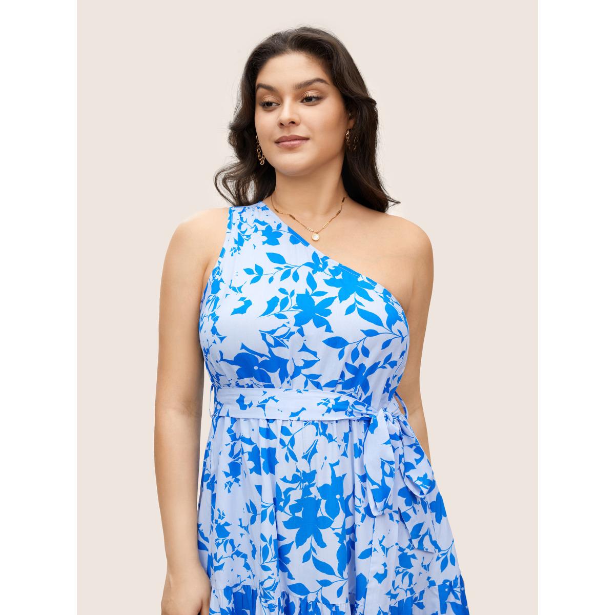 Plus Size Silhouette Floral Print One Shoulder Belted Dress Blue Women Elegant Belted Asymmetrical Neck Long Sleeve Curvy Midi Dress BloomChic 30/6X Product Image