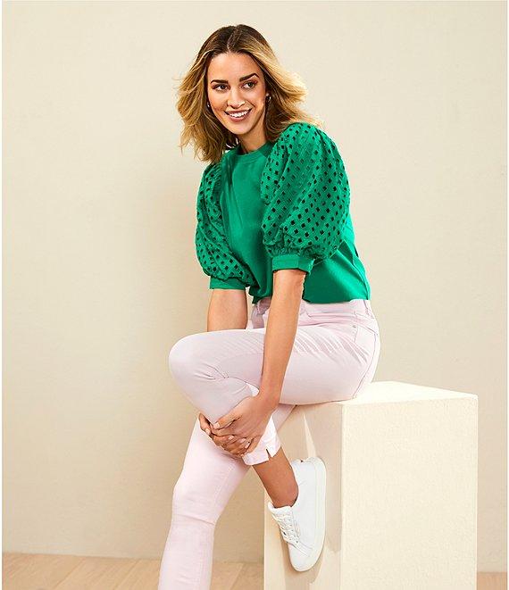 Gibson & Latimer Knit Contrast Eyelet Crew Neck Short 3/4 Balloon Sleeve Top Product Image