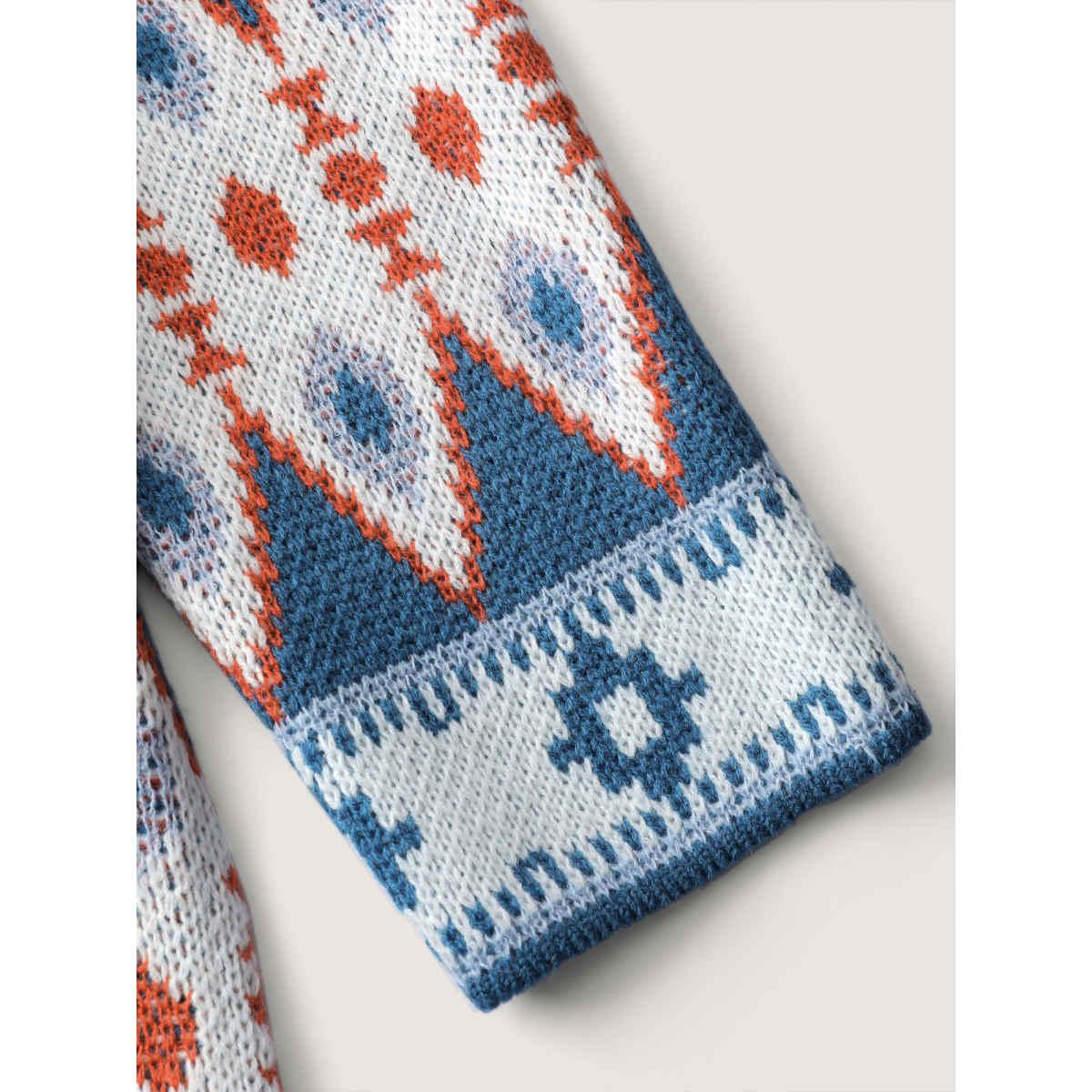 Plus Size Boho Pattern Jacquard Folded Collar Knit Cardigan LightBlue Women Boho Loose Long Sleeve Vacation Cardigans BloomChic 30/6X Product Image