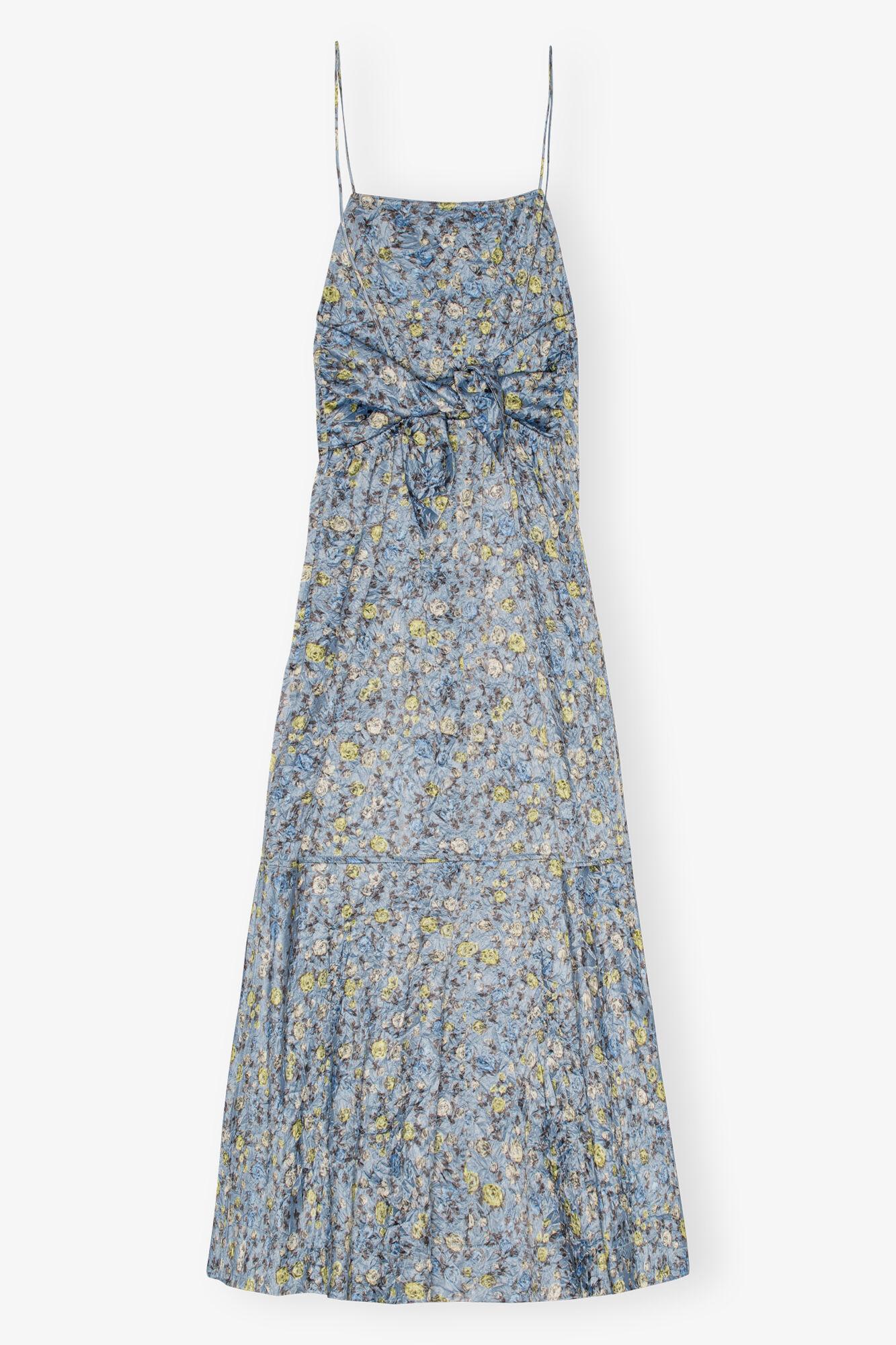 Blue Floral Crinkled Satin Long Dress Product Image