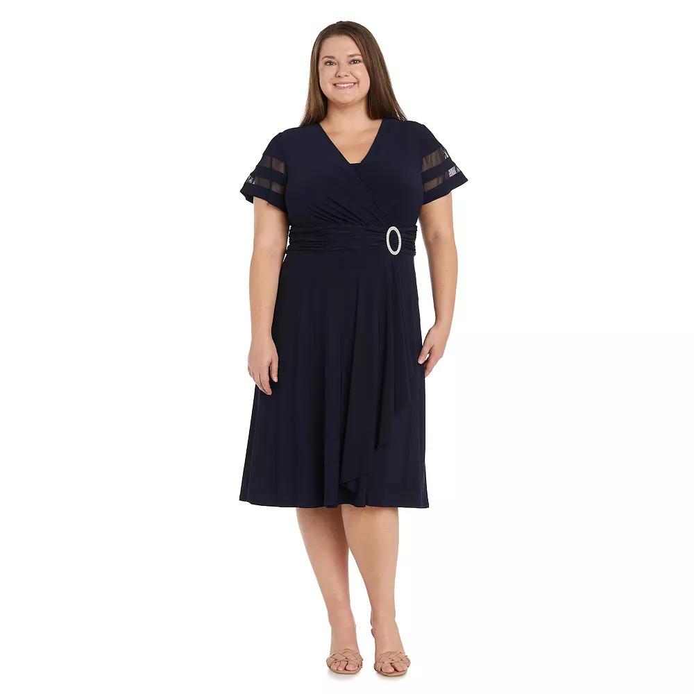 Plus Size R&M Richards Rhinestone Buckled Cascade Wrap Midi Dress, Women's, Size: 14 W, Blue Product Image