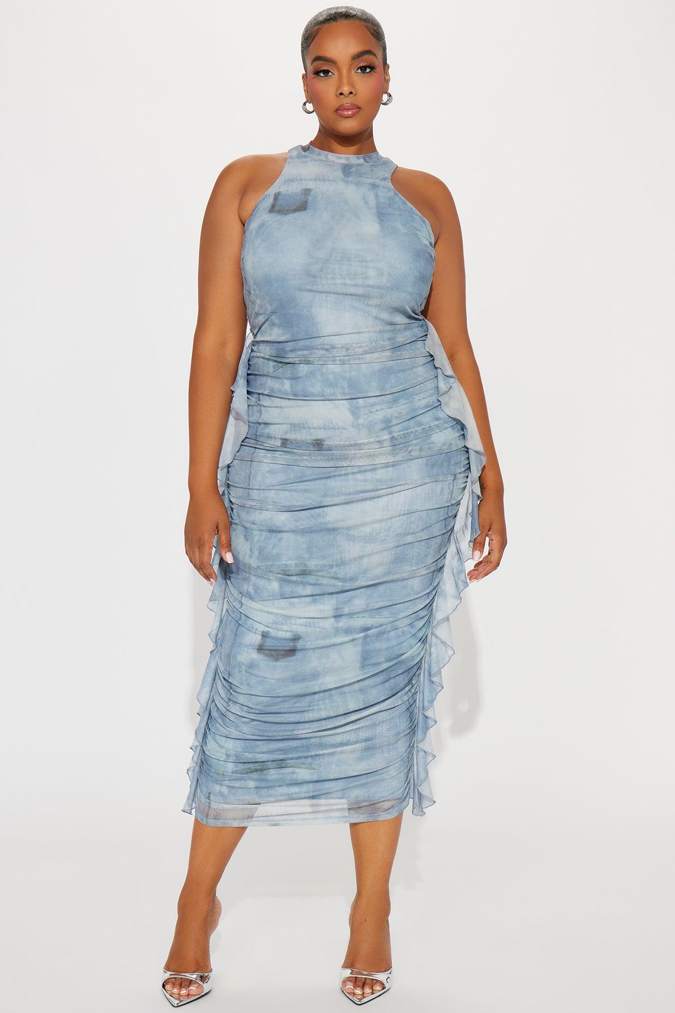 Jayla Ruched Mesh Maxi Dress - Light Blue Product Image