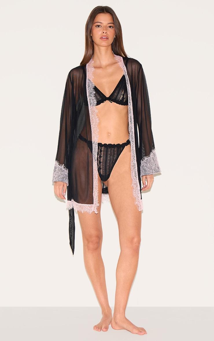Black Mesh Contrast Eyelash Lace Robe Product Image