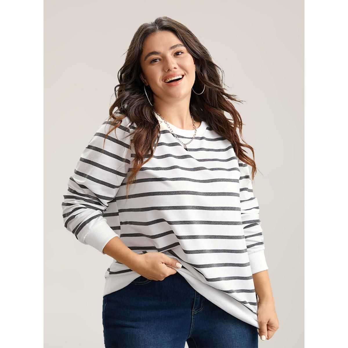 Plus Size Rib Knit Striped Round Neck Sweatshirt Women White Casual Non Round Neck Everyday Sweatshirts BloomChic 22-24/3X Product Image