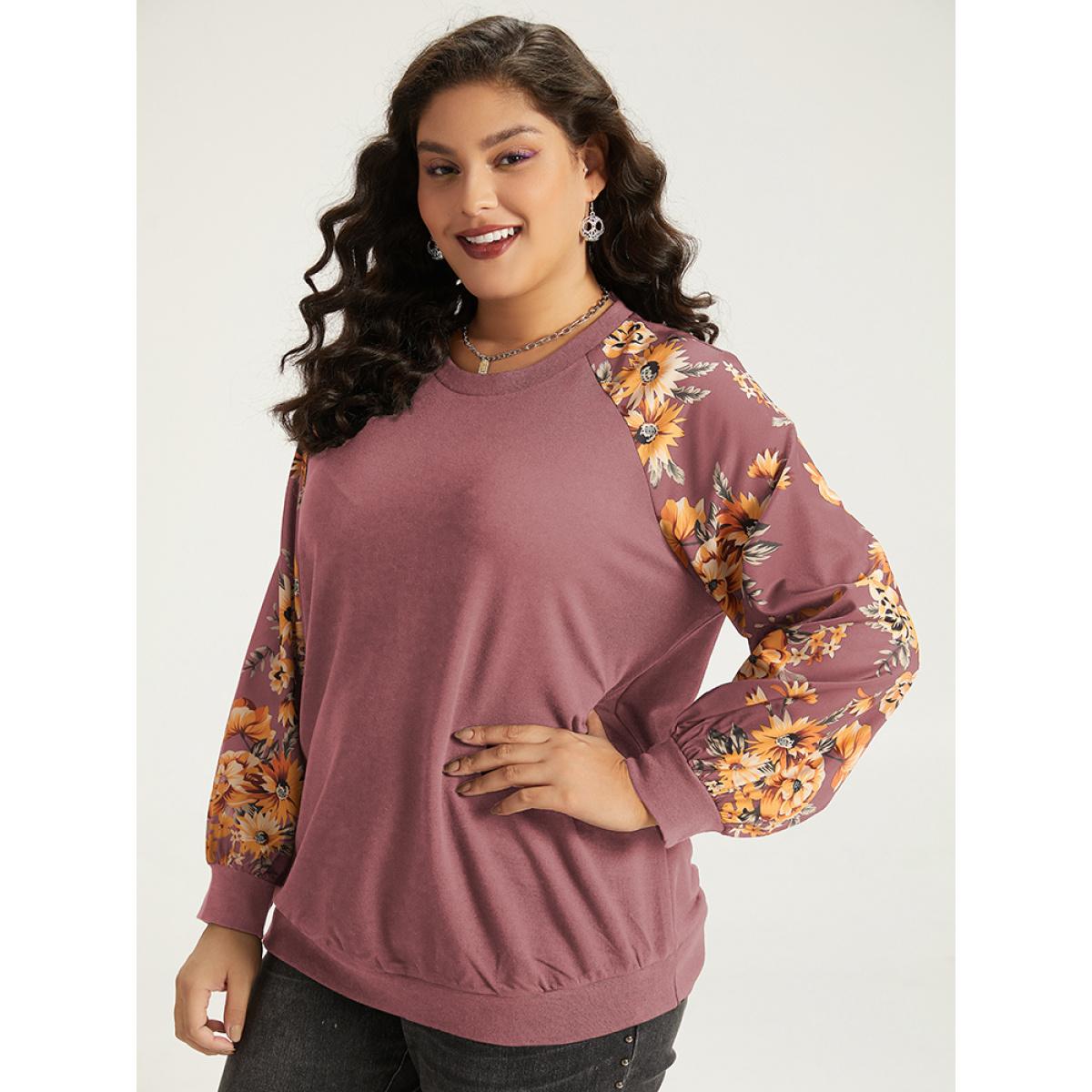 Plus Size Halloween Floral Patchwork Print Raglan Sleeve Sweatshirt Women DustyPink Casual Elastic cuffs Round Neck Festival-Halloween Sweatshirts BloomChic 30/6X Product Image