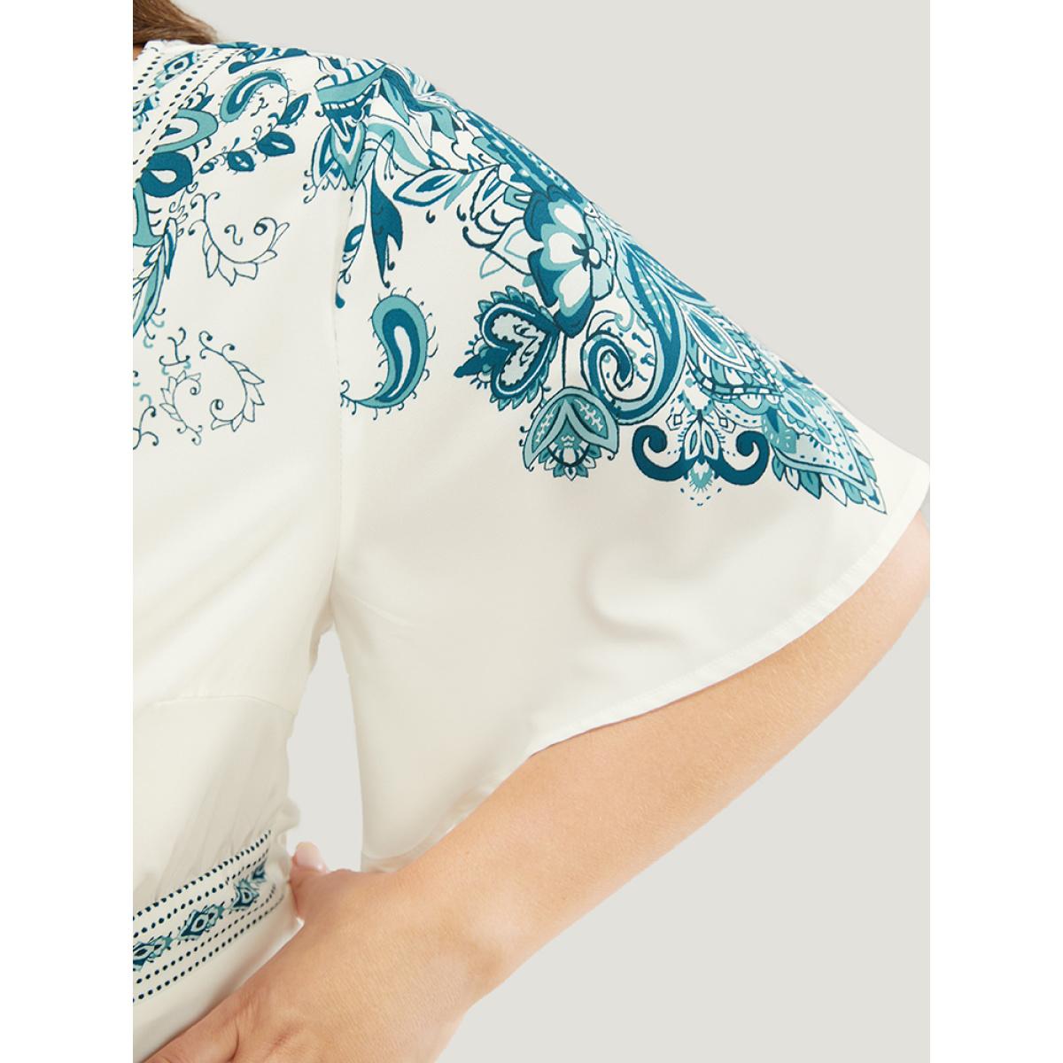 Plus Size Cerulean Bandana Print Ruffles Elastic Waist Blouse Women Vacation Short sleeve V-neck Dailywear Blouses BloomChic 22-24/3X Product Image