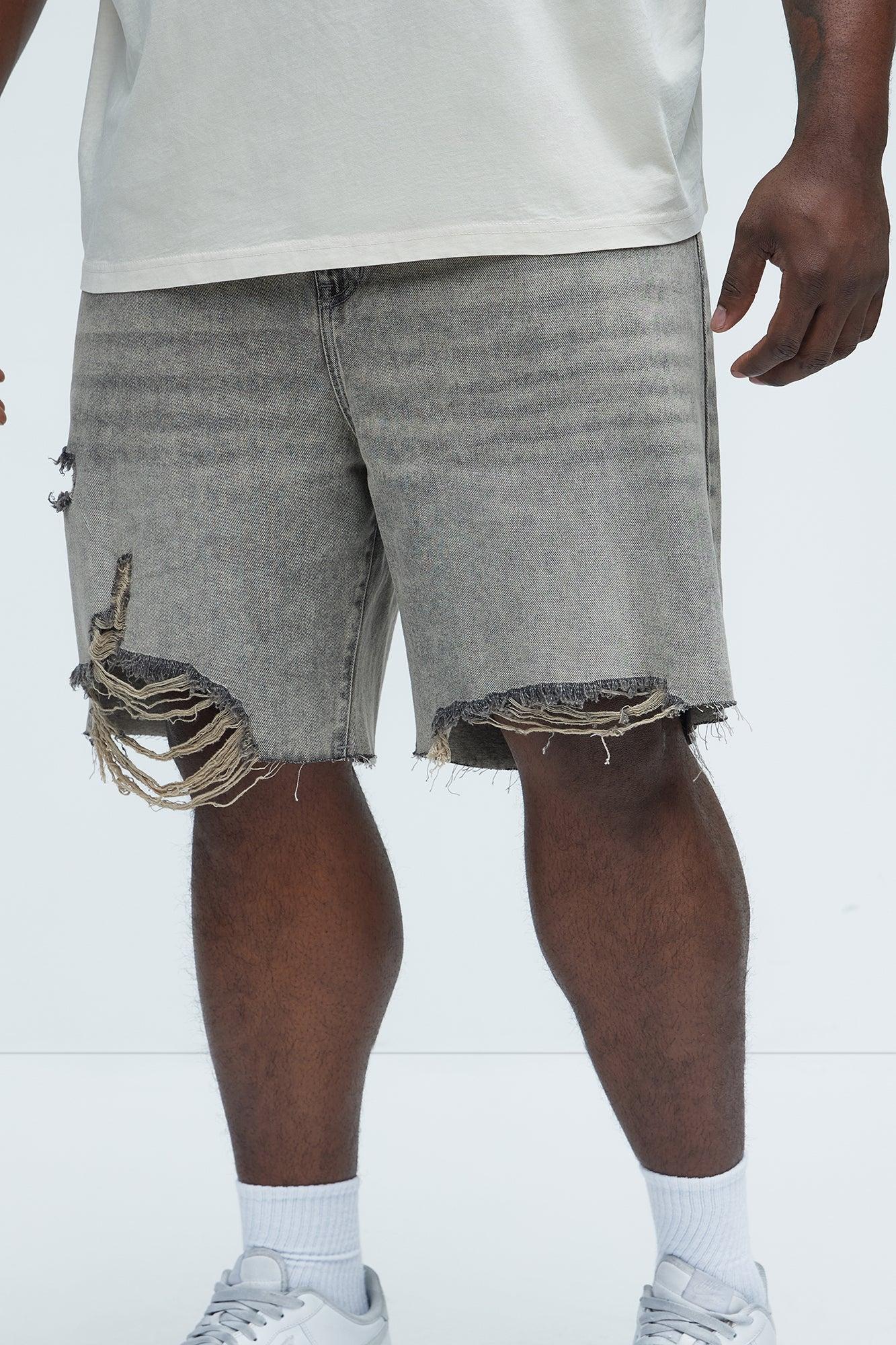 Relaxed Raw Hem Distressed Denim Shorts - Grey/Smoke Product Image