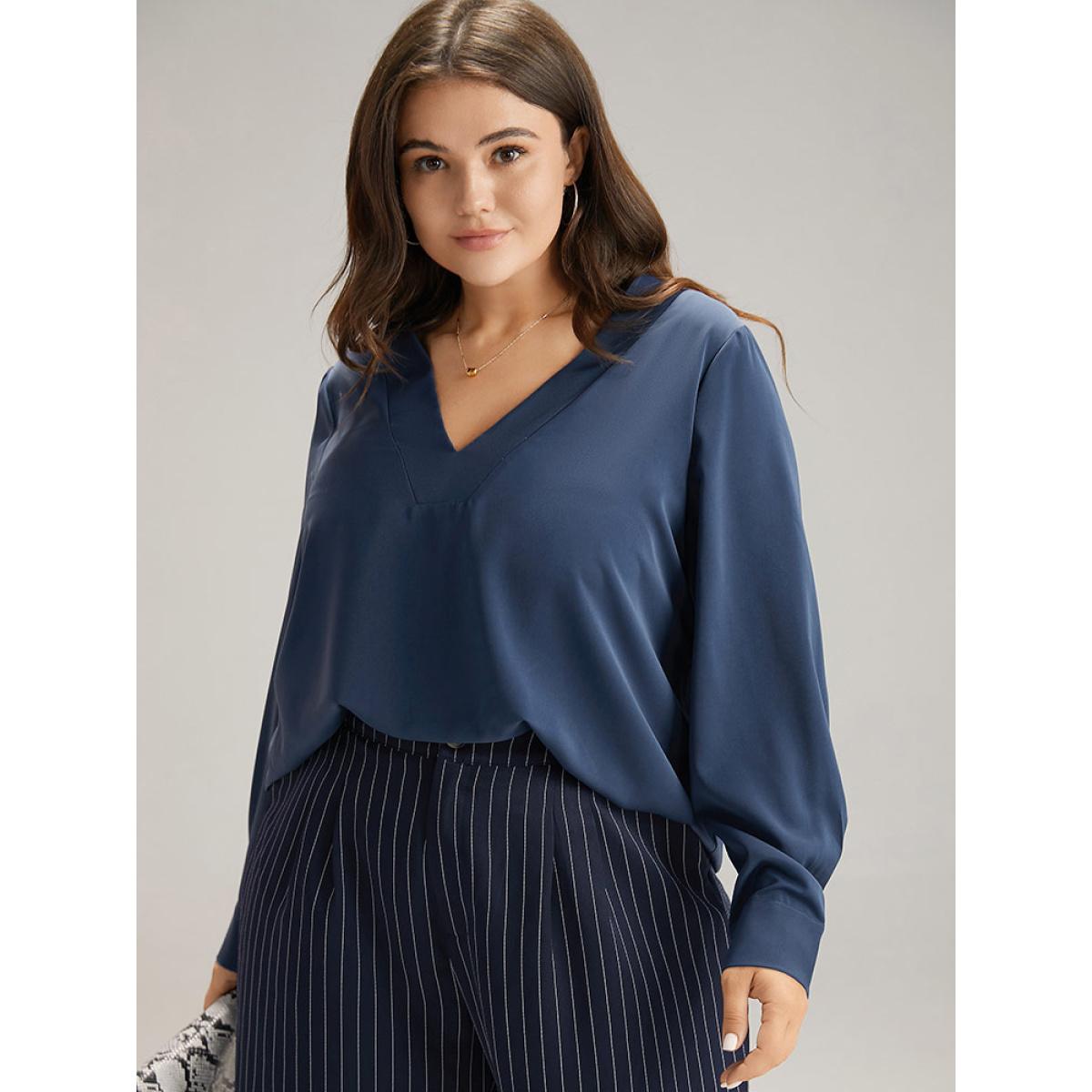 Plus Size Indigo Solid V Neck Button Up Pleated Blouse Women Office Long Sleeve V-neck Office Blouses BloomChic 14-16/1X Product Image