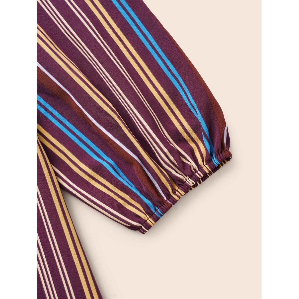 Plus Size Round Neck Contrast Striped Belted Dress Deeppurplered Women At the Office Belted Round Neck Long Sleeve Curvy BloomChic 28/5X Product Image