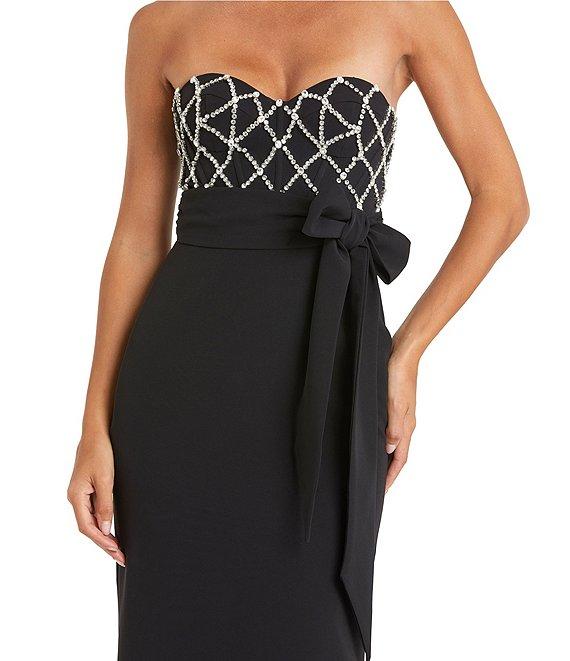 Mac Duggal Strapless Rhinestone Trim Bow Front Crepe Column Gown Product Image