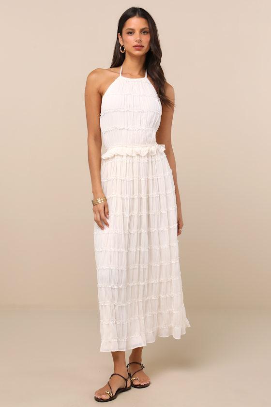 Madriana Ivory Halter Neck Ruffed Midi Dress Product Image