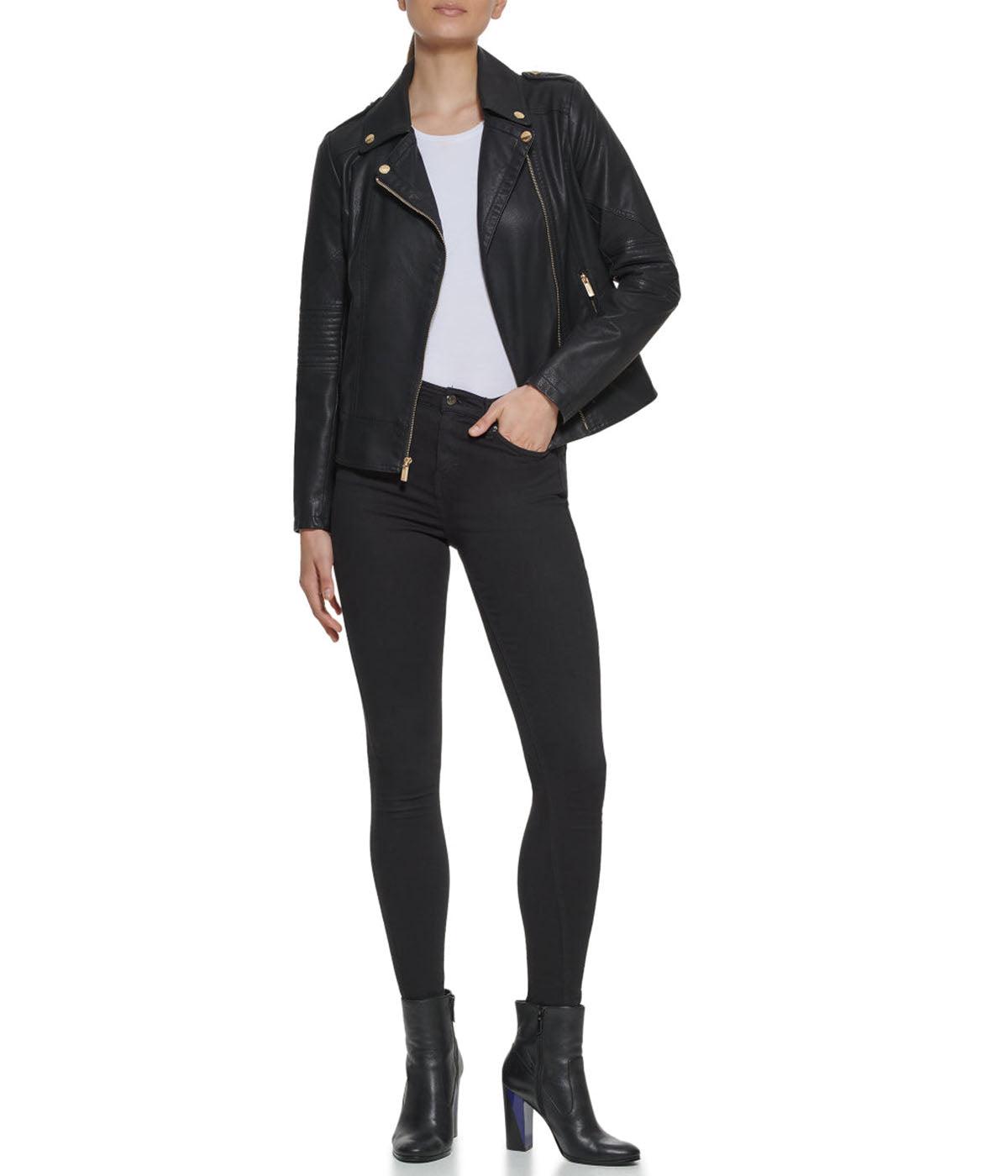 Faux Leather Asymmetrical Moto Jacket Black Product Image