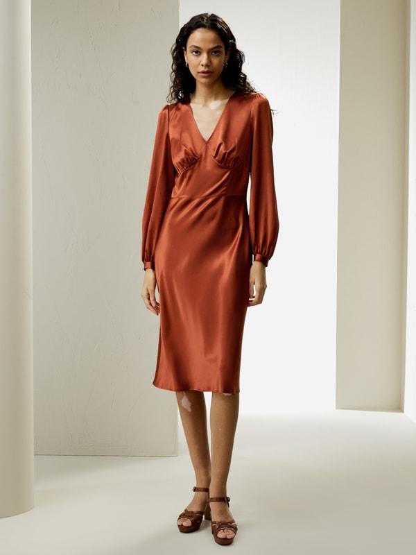 LILYSILK Long Sleeve Dress Silk for Women Red Clay Natural Silk Versatile Pleated Cups Dress 2 Product Image