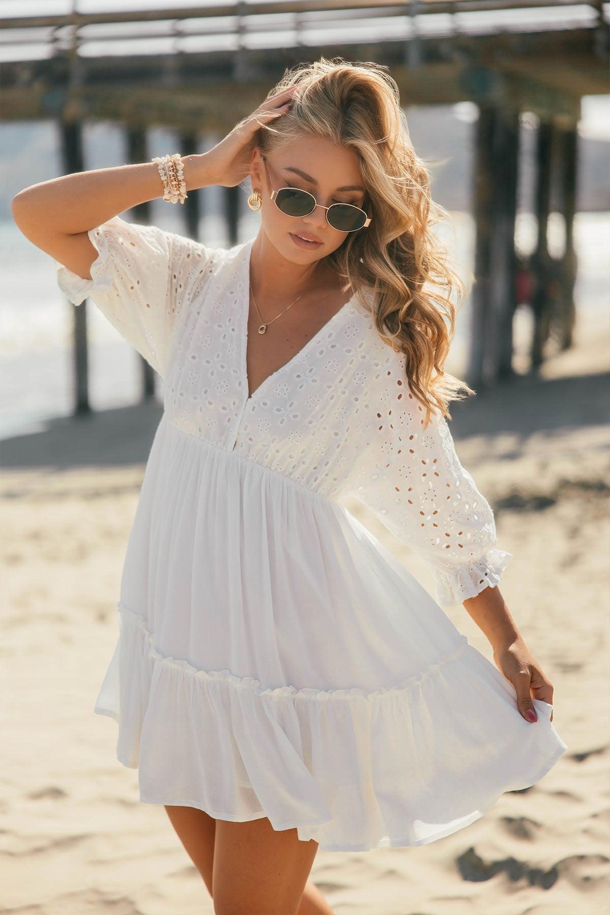 Chloe White Eyelet Tiered Mini Dress - FINAL SALE Product Image