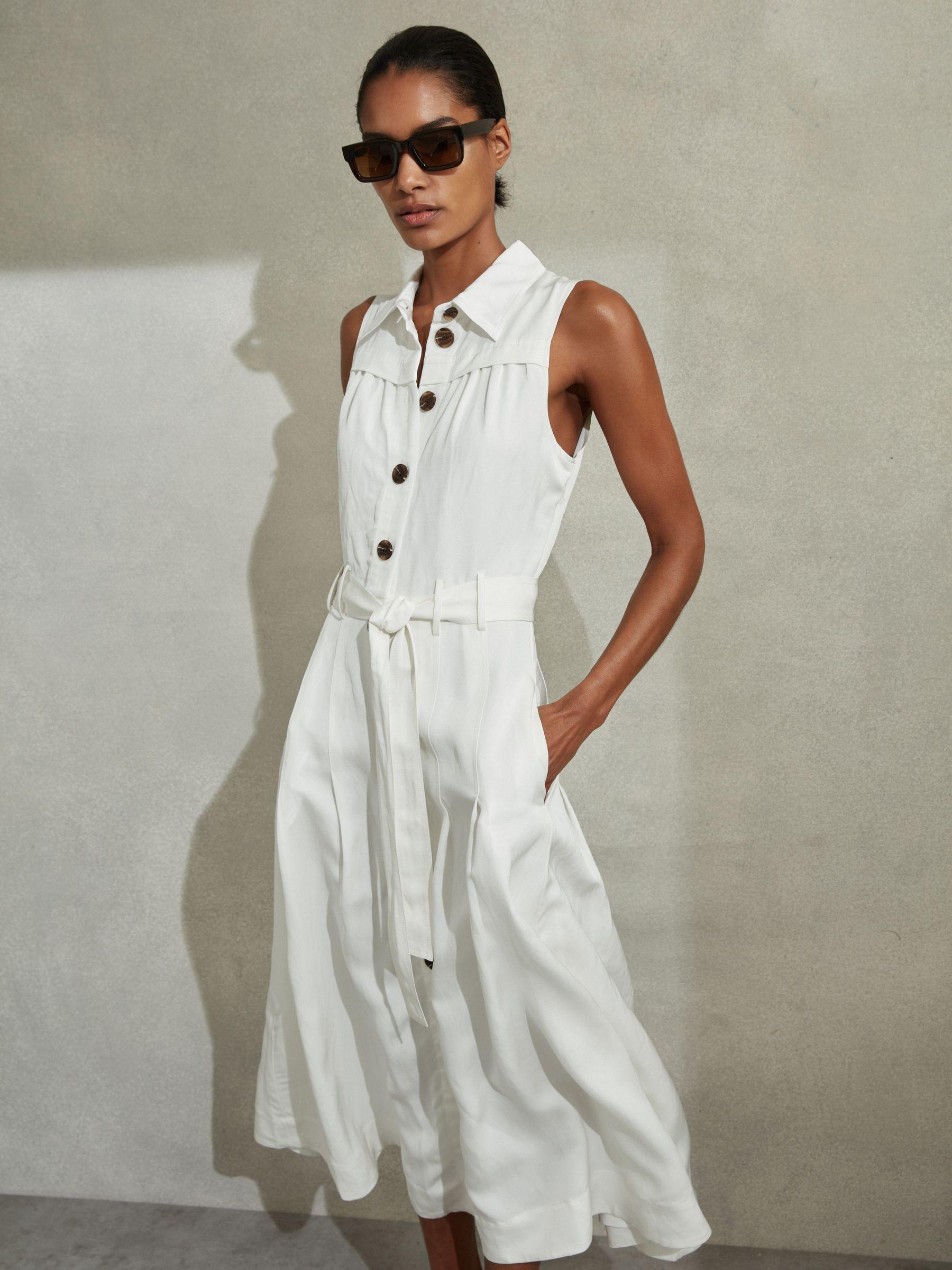Viscose-Linen Belted Midi Dress in White Product Image