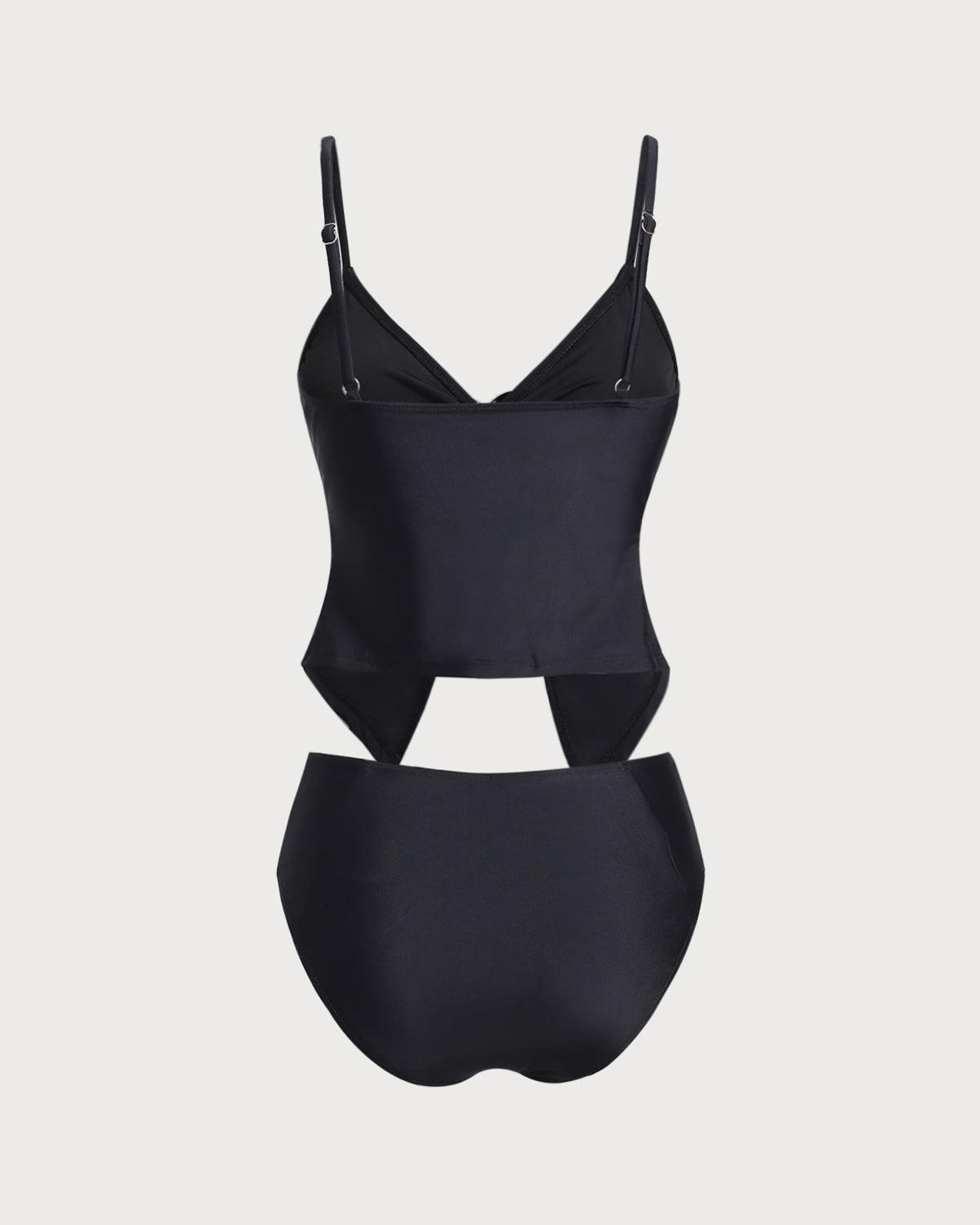 Black V Neck O-Ring Tankini Swimsuit Product Image