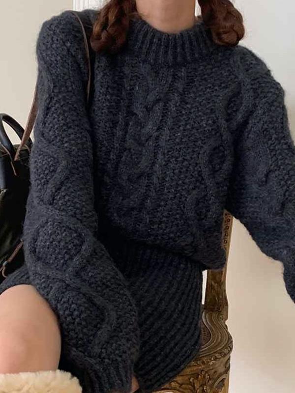 Vintage Cable Knit Long Sleeve Knit Mini Dress Product Image