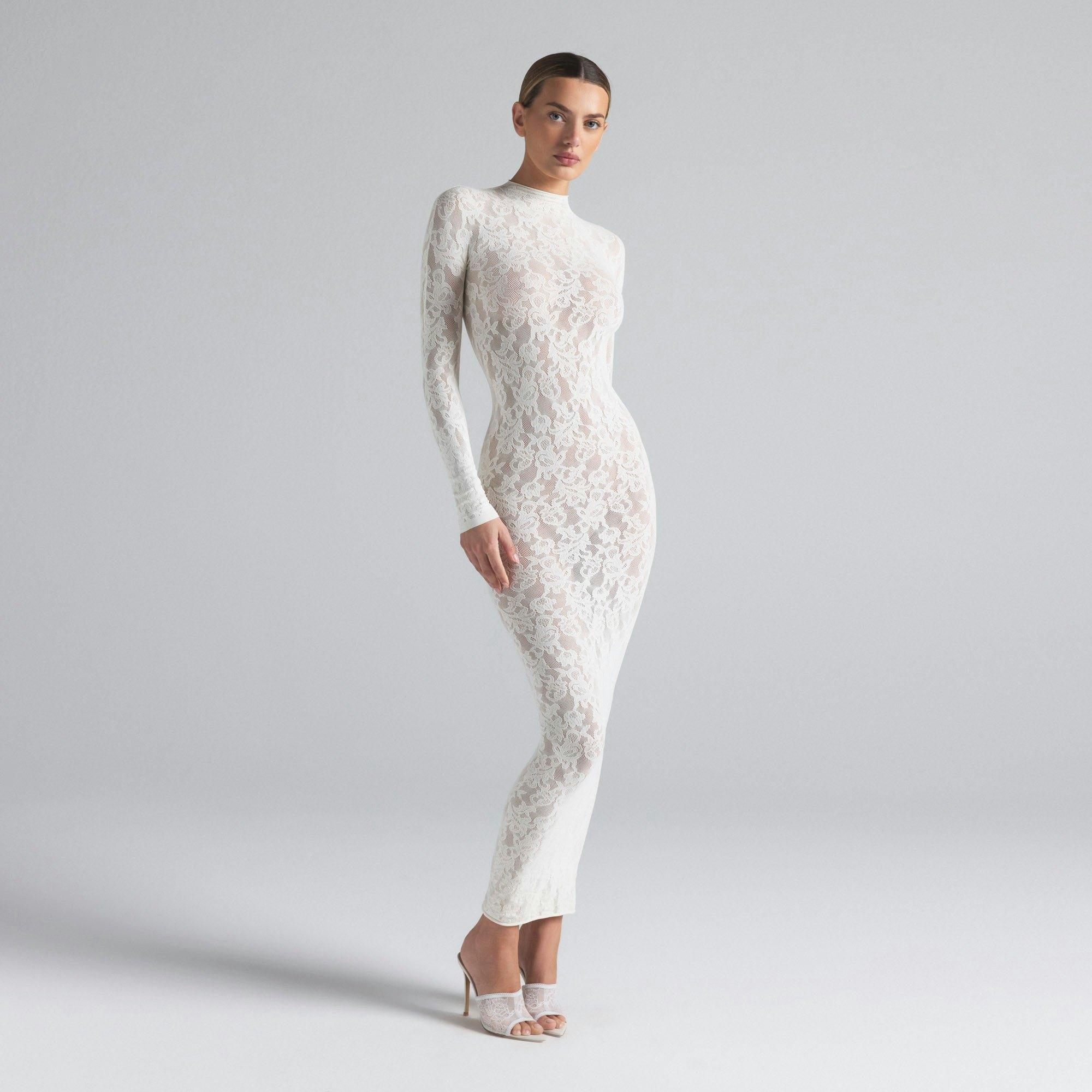 KNIT LACE MOCK NECK DRESS | IVORY Product Image