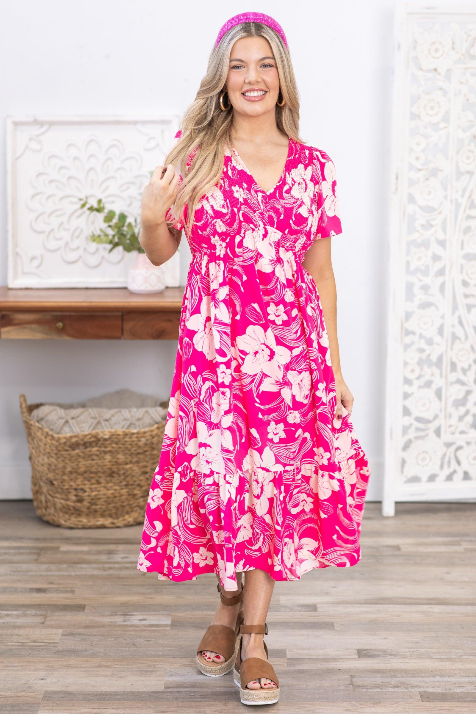 Pink Floral Print V-Neck Midi Dress Product Image