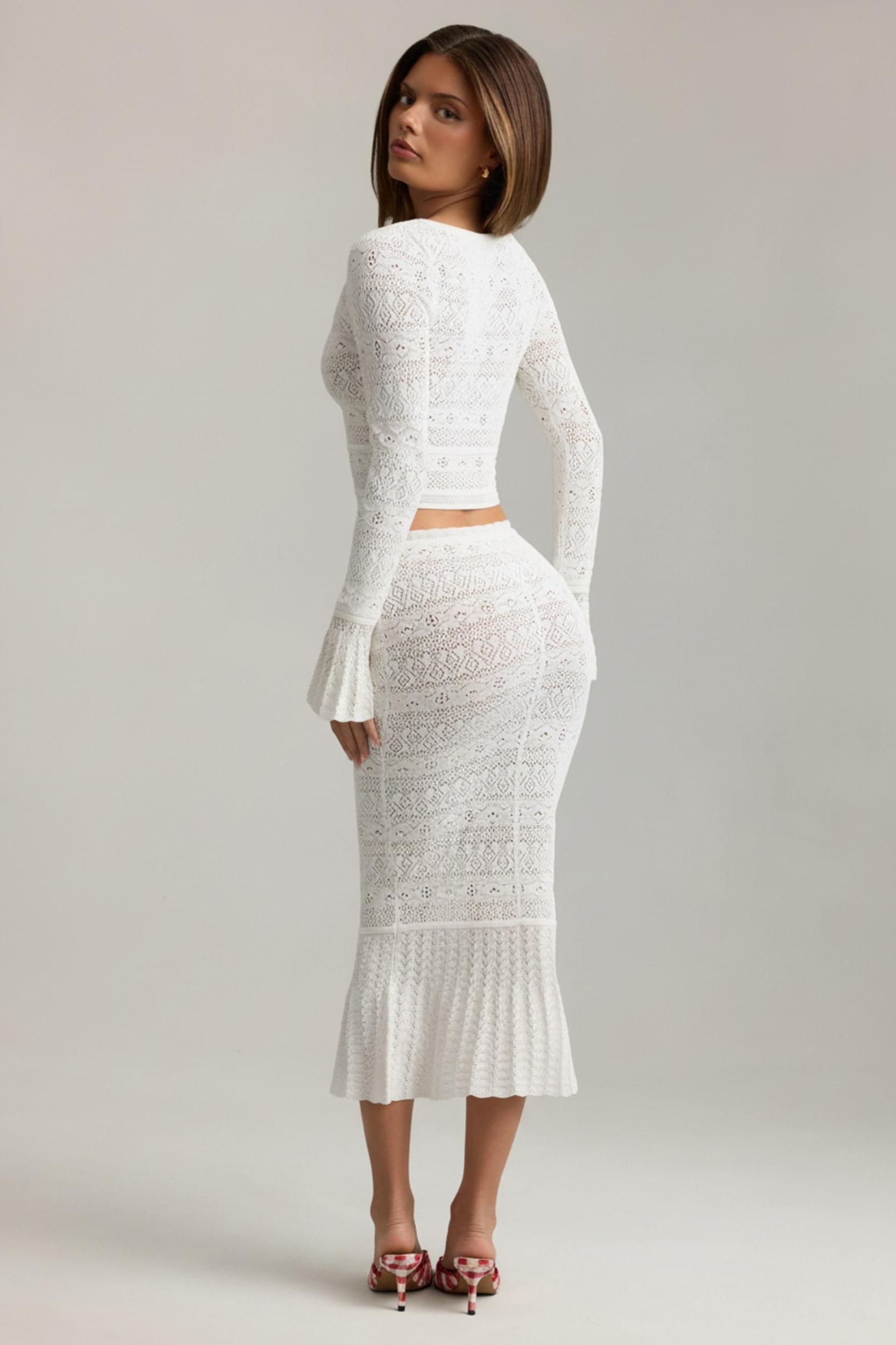 Ruffle-Trim Pointelle-Knit Midaxi Skirt in White Product Image