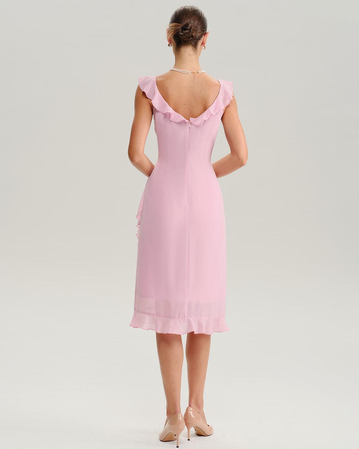 Pink V Neck Ruffle Sleeveless Midi Dress Product Image