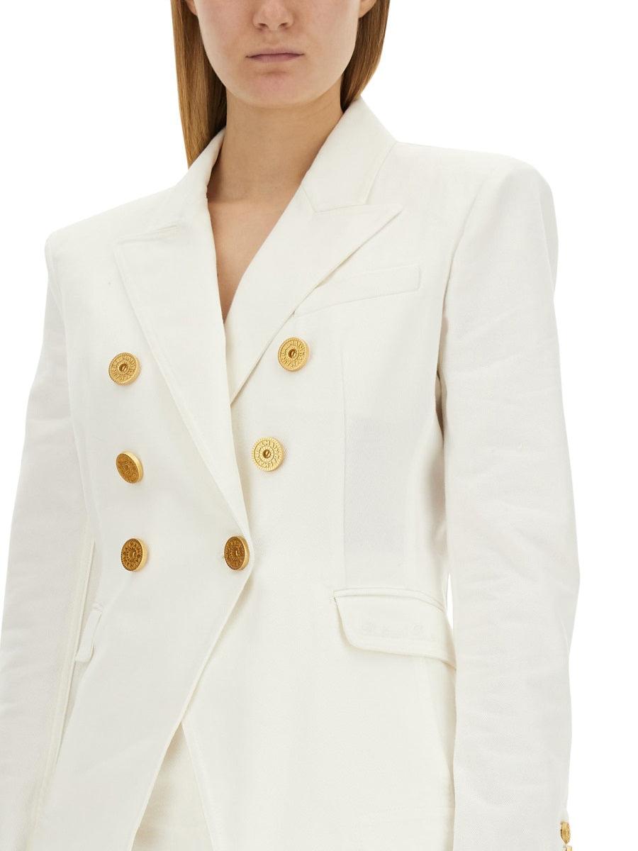 BALMAIN Double-breasted Structured Denim Blazer With Peak Lapel In White Product Image