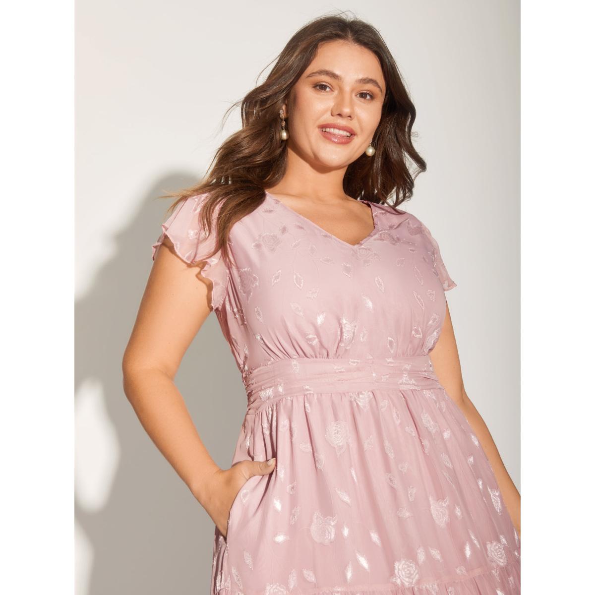 Plus Size Sweet Petals Pleated Waist Tiered Midi Dress Beanpastepowder Women V-neck Cap Sleeve Curvy BloomChic 22-24/3X Product Image