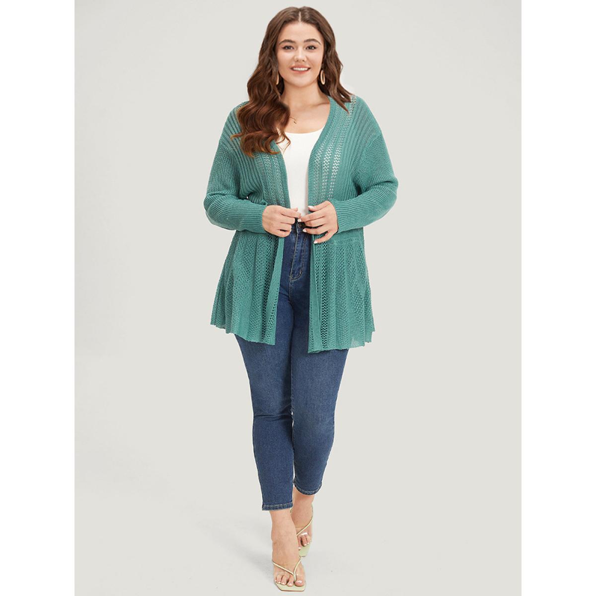Plus Size Plain Hollow Out Drop Shoulder Open Front Cardigan Emerald Women Casual Loose Long Sleeve Everyday Cardigans BloomChic 22-24/3X Product Image