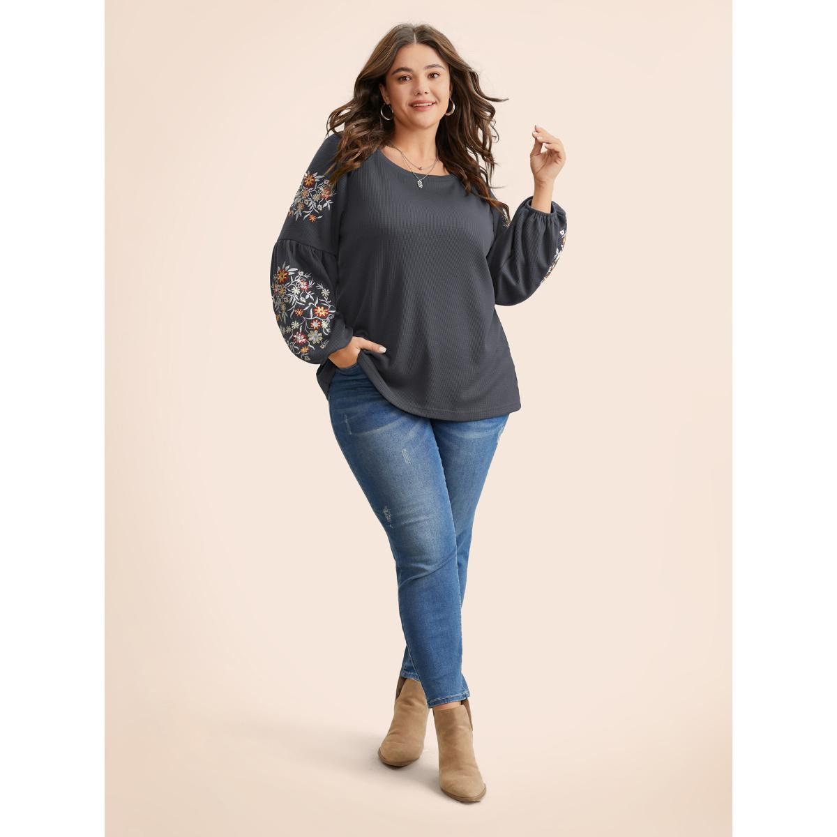 Plus Size Waffle Knit Floral Embroidered Lantern Sleeve T-shirt DimGray Women Leisure Texture Floral Round Neck Casual T-shirts BloomChic 10/M Product Image