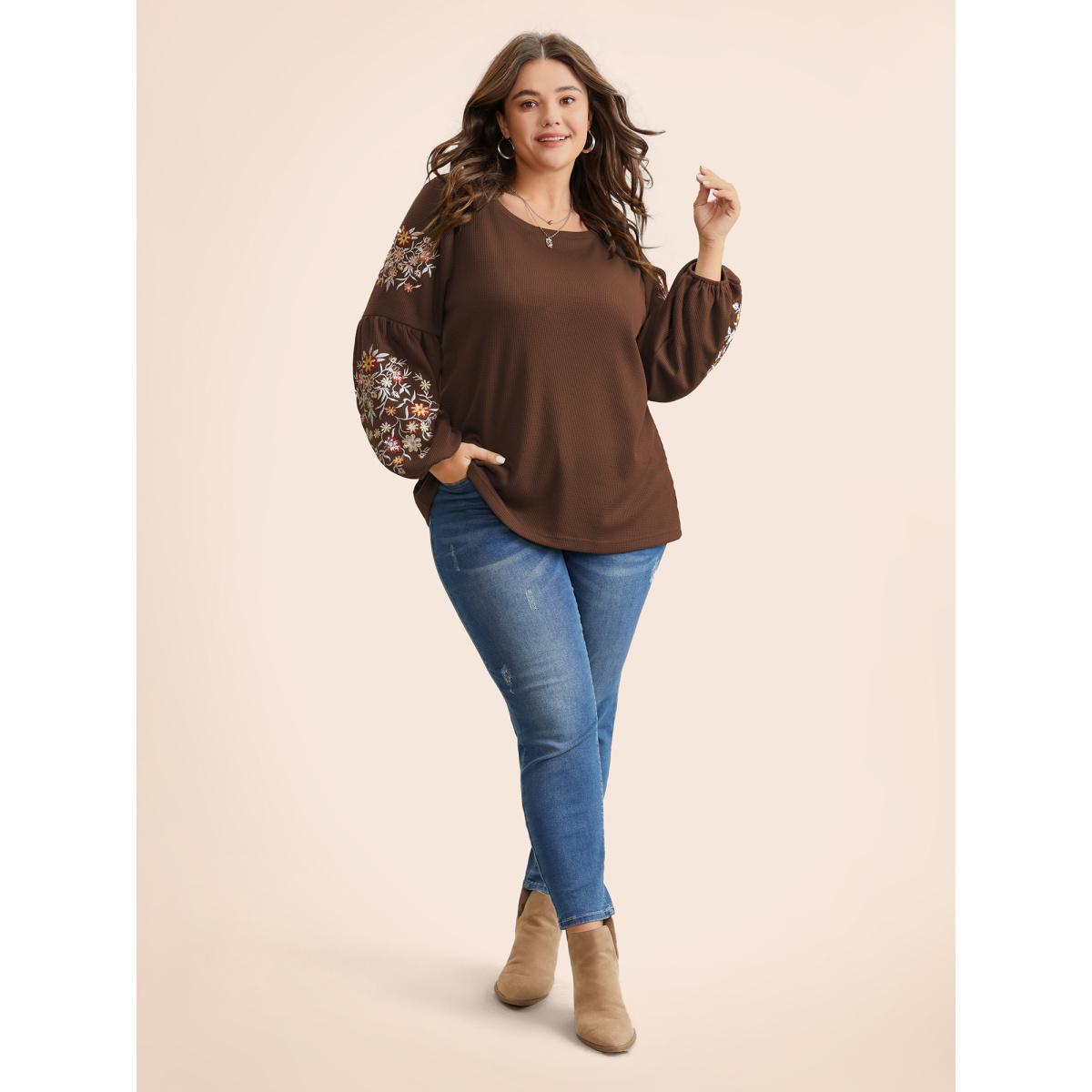 Plus Size Waffle Knit Floral Embroidered Lantern Sleeve T-shirt DarkBrown Women Leisure Texture Floral Round Neck Casual T-shirts BloomChic 26/4X Product Image
