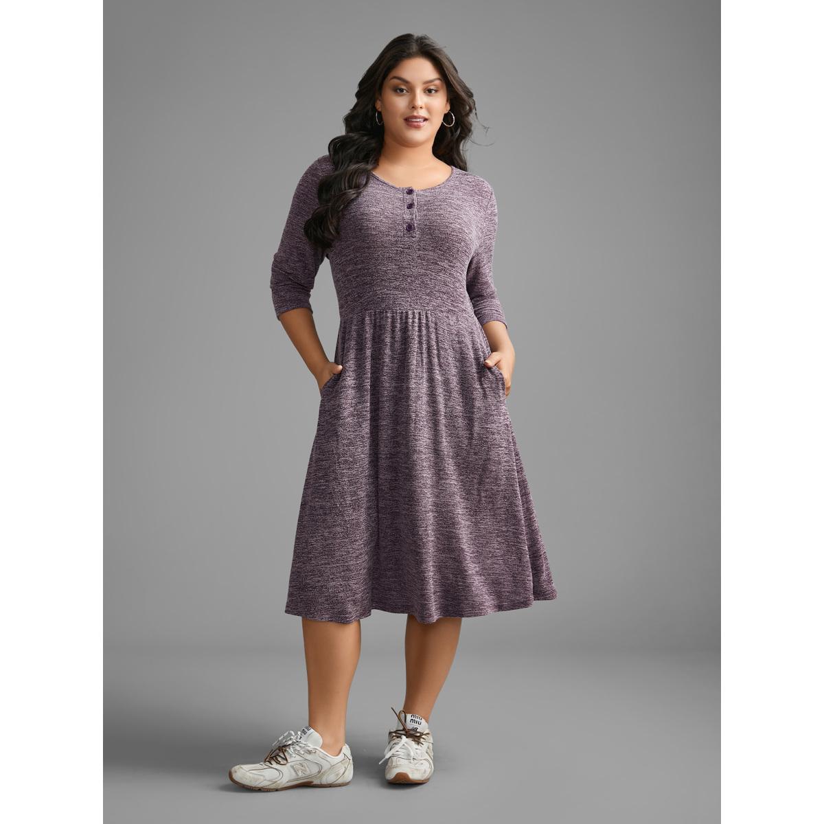 Plus Size Solid Heather Button Up Knit Dress Deeppurplered Women Casual Button Knit Dresses Bloomchic 28/5X Product Image
